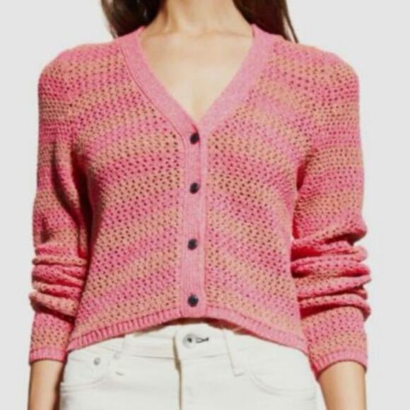 Rag & Bone Carson Crochet Striped Pink Knit Button Front Preppy Cardigan Large - Picture 1 of 6
